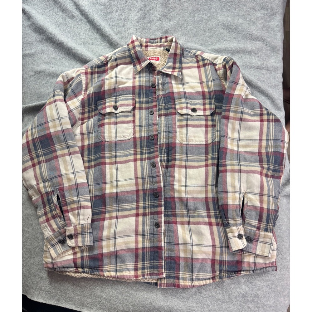 Upcycle Rolling Stones Sherpa Lined Flannel Shirt Jacket Plaid Men XL Cream Red - Picture 3 of 9